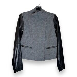 Vince Boucle Wool Moto Scuba Lamb Leather Sleeve Motorcycle Jacket Gray Women M